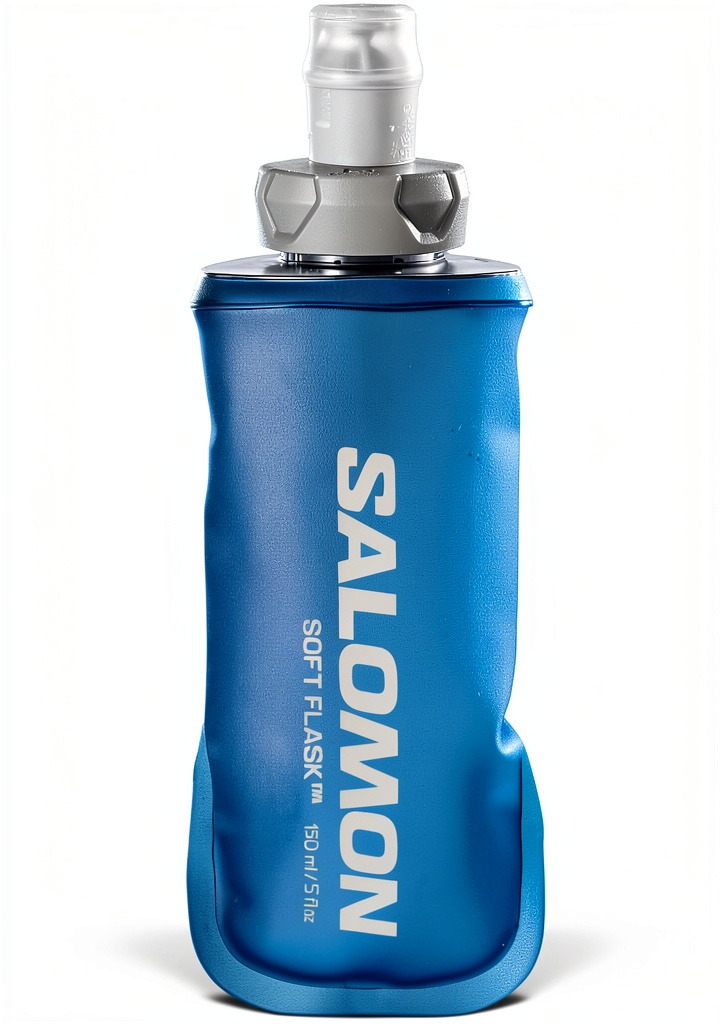 Salomon Soft Flask 150ml in clear blue color on a trail
