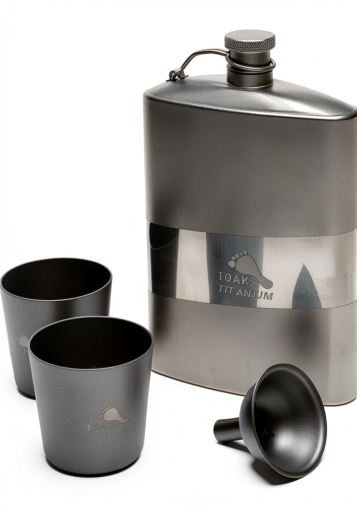 Toaks Titanium Flat Flask Set displayed on a rocky trail