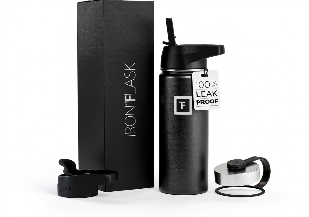 Installing IRON FLASK Insulated Water Bottle Stainless Steel Leakproof on a wooden desk